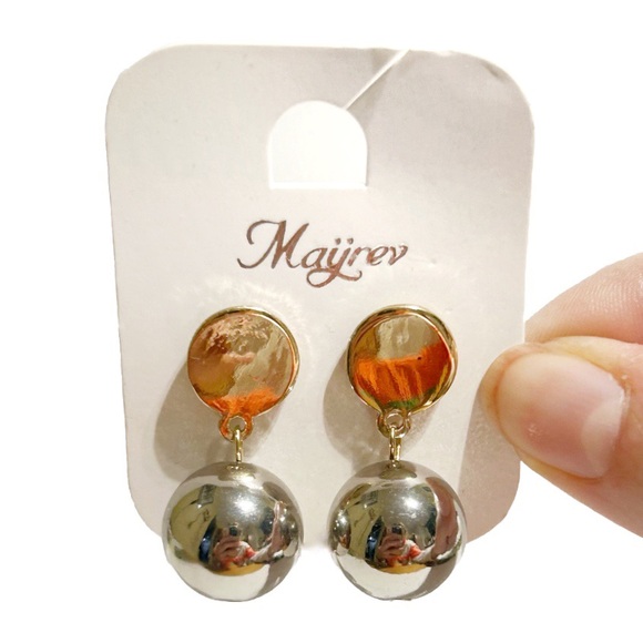 Mayrev Silver and Gold Tone Dangling Earrings Circle Ball Sphere Bauble Classy - Picture 2 of 10